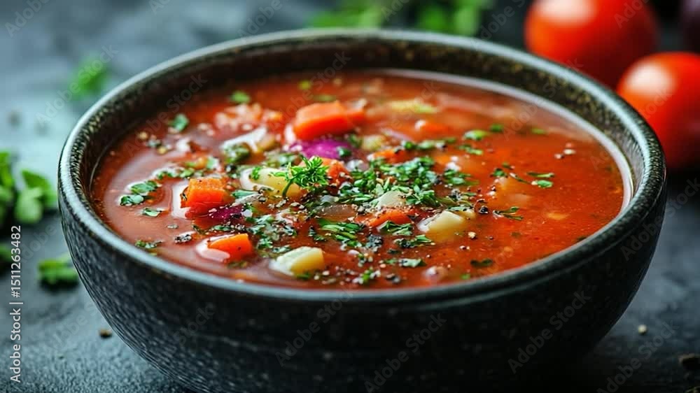 Close Up Shot of Delicious Vegetable Soup in Black Bowl with Fresh Vegetables Close Up Shot of Delicious Vegetable Soup in Black Bowl with Fresh Vegetables