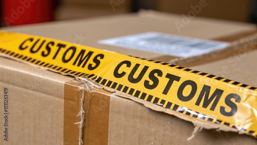 A cardboard box sealed with yellow customs tape, indicating inspection or clearance at a border checkpoint.