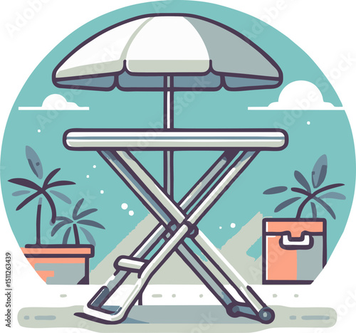 Beachside Relaxation: Folding Table and Umbrella Illustration