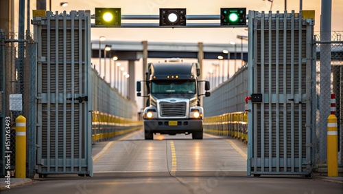 A semi-truck passes through an open security gate at a checkpoint, with green lights signaling clearance for entry or exit.