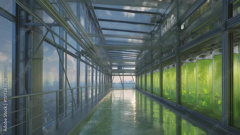 Sunlight streaming across glass covered rooftop bioreactors with vibrant green algae, representing innovative sustainable urban agriculture on a modern skyscraper Sunlight streaming across glass covered rooftop bioreactors with vibrant green algae, representing innovative sustainable urban agriculture on a modern skyscraper
