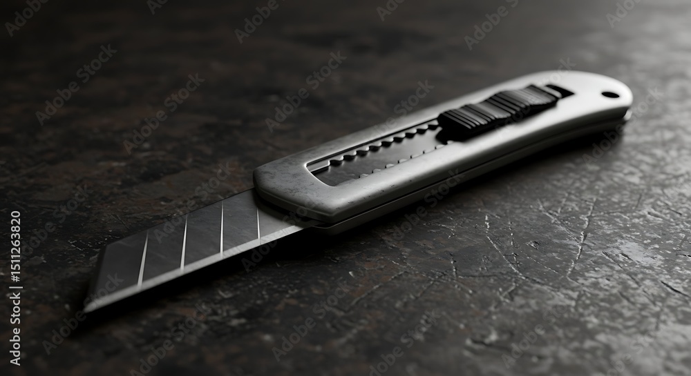 A close-up shot of a silver utility knife, highlighting its sharp blade. A close-up shot of a silver utility knife, highlighting its sharp blade.