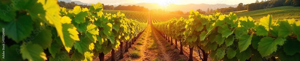 Fototapeta premium Sun-drenched rows of lush, vibrant grapevines stretching across a picturesque vineyard, ready for harvest The perfect image for wine country, viticulture, and autumn themes , wine region, agriculture