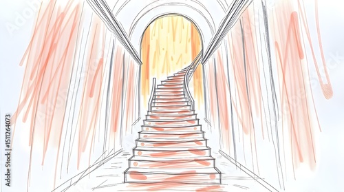 Hand-drawn sketch of a surreal staircase in a fiery hallway.  Mystic and enchanting, gentle color contrasts create a dreamlike atmosphere. Rough pencil strokes on a white background convey an ethereal