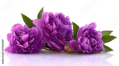 Fototapeta Naklejka Na Ścianę i Meble -  Three vibrant purple peonies with green leaves arranged on a white surface