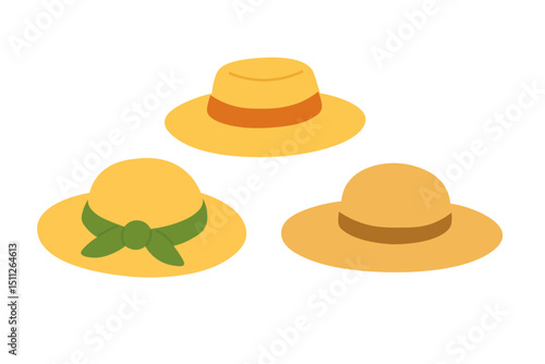Set of wide-brimmed summer hats in cartoon flat style. Vector clipart with warm seasonal colors.