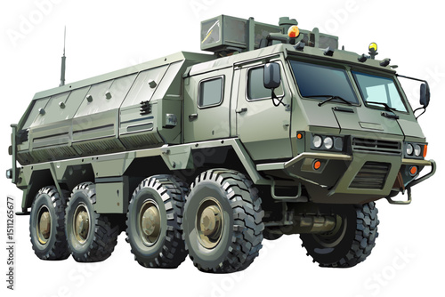 clean vector of 8-wheel military transport vehicle with mounted weapon, isolated on white
