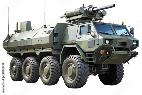 clean vector of 8-wheel military transport vehicle with mounted weapon, isolated on white
