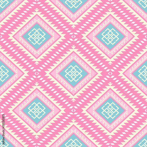 Geometric Tribal Textile Design in Pink and Light Blue
