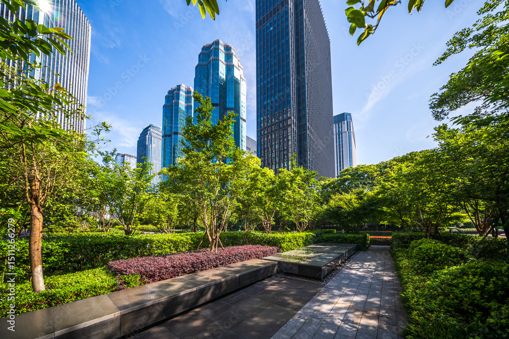 Urban Oasis: A Lush Green Space Among Contemporary Skyscrapers Urban Oasis: A Lush Green Space Among Contemporary Skyscrapers
