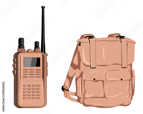 handheld and backpack radio set used by field troops, clean vector style isolated on white
