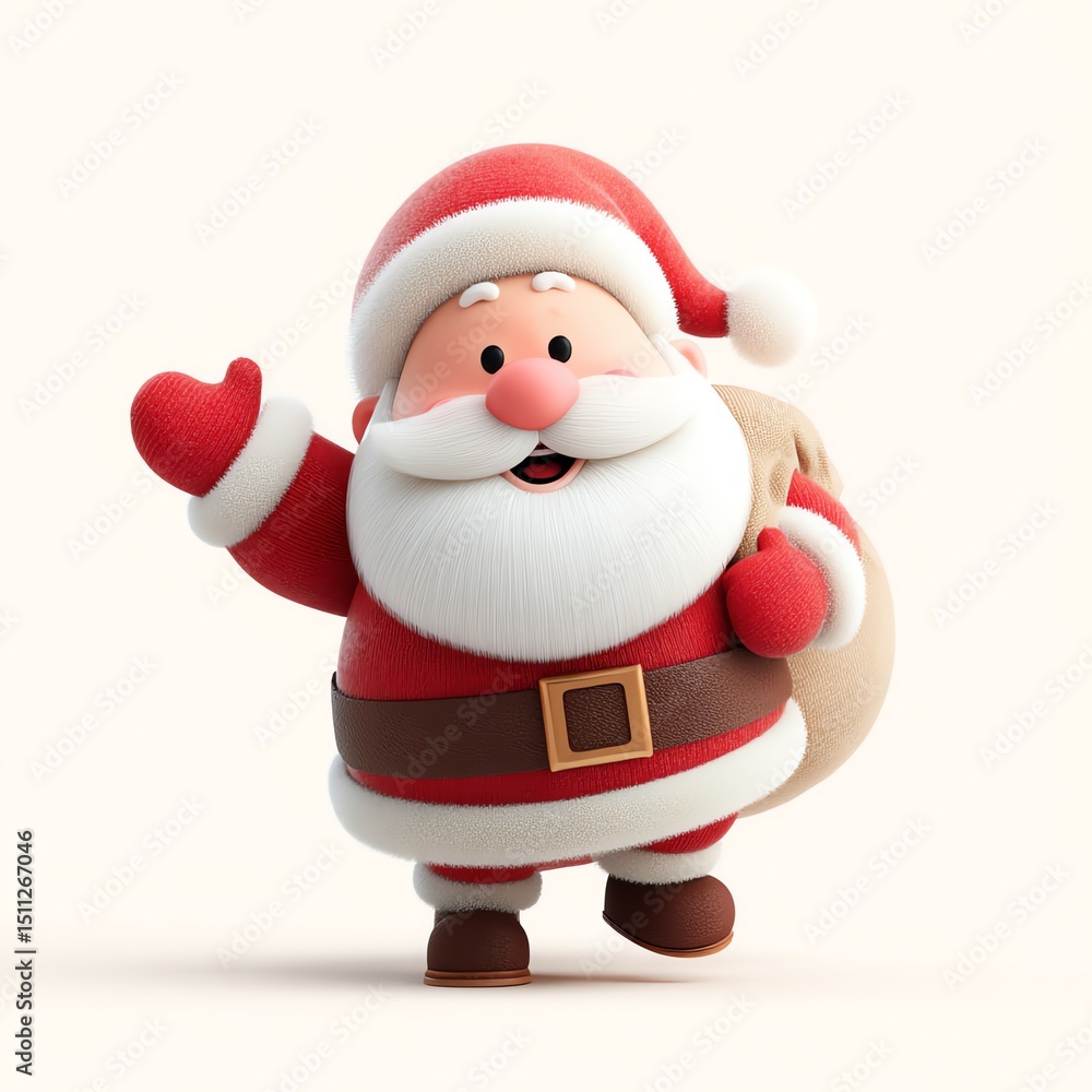 Cheerful Santa Claus waves, carrying a gift sack a festive 3D cartoon character against a bright white background. Cheerful Santa Claus waves, carrying a gift sack a festive 3D cartoon character against a bright white background.