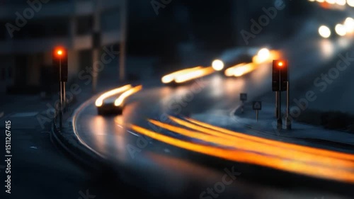 Nighttime Urban Road With Vehicle Light Trails And Traffic Signals