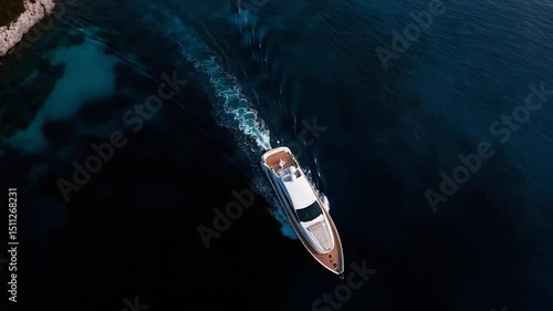 Aerial View Of A Luxury Yacht Sailing Across Dark Blue Ocean Water Leaving A White Wake