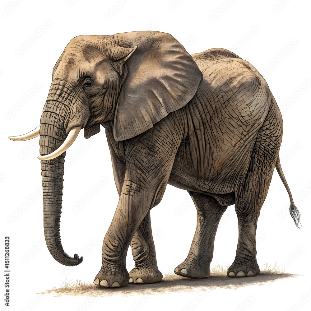 Fototapeta premium A full-body African elephant standing side-on with detailed skin texture and natural lighting.