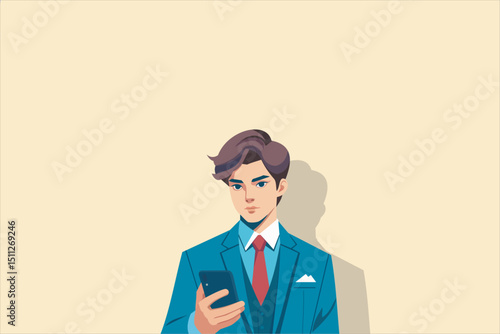 Illustration of a young businessman holding a smartphone. Vector illustration.