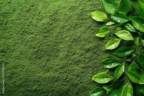 Fresh green leaves on a vibrant green powder background