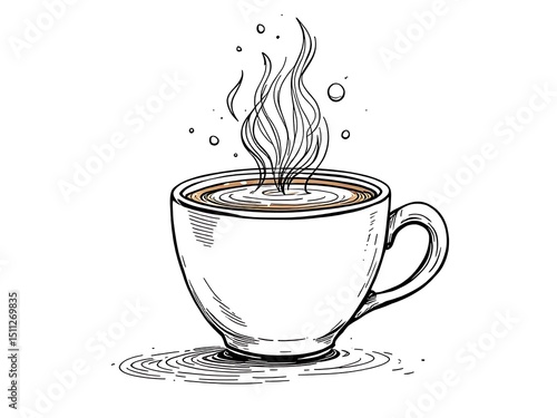 Coffee Cup Line Art with Steam , Minimal, Clean, Clear, Black