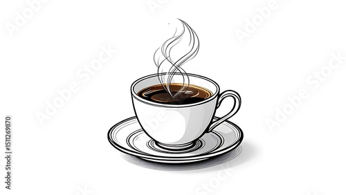Line Art Design of Hot Coffee in White Cup, Minimalist Steam Icon, Clean Style
