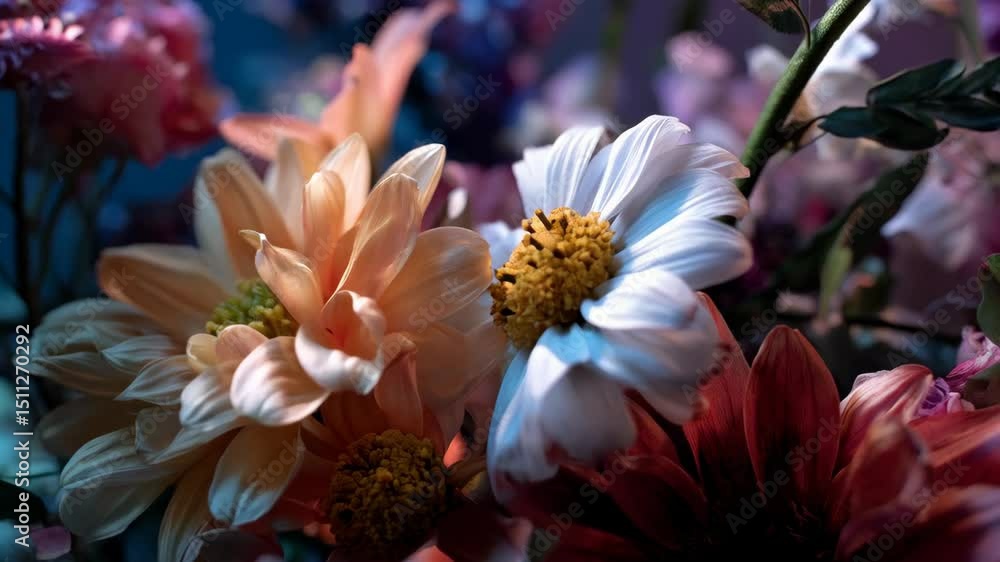 Floral arrangement featuring daisies in peach, white, and maroon with a moody, dark aesthetic and soft, diffused lighting, evoking a sense of calm Floral arrangement featuring daisies in peach, white, and maroon with a moody, dark aesthetic and soft, diffused lighting, evoking a sense of calm