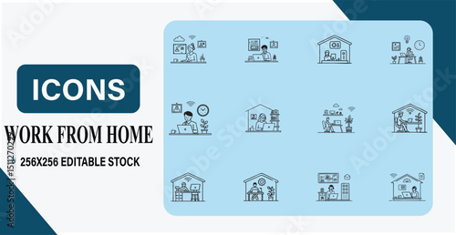 Collection of vector icons illustrating remote work scenarios and work from home lifestyle.