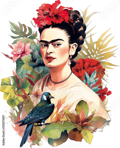 Exotic Woman Portrait Illustrated Art Whimsical Tropical Flowers Detailed Design Iconic Birds Nature Foliage Colorful Aesthetic Vibrant Cultural Expression Flora Creative Personality Greenery 