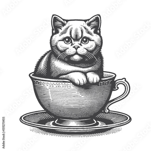 Vintage Hand-Drawn British Shorthair Sitting in a Teacup Illustration – Adorable Cat Engraved Style Vector for T-Shirts, Posters, Stickers, and Cozy Themes Apparel