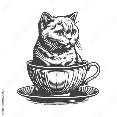 Vintage Hand-Drawn British Shorthair Sitting in a Teacup Illustration – Adorable Cat Engraved Style Vector for T-Shirts, Posters, Stickers, and Cozy Themes Apparel