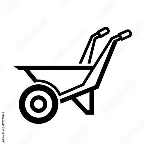wheelbarrow, outline icon of a wheelbarrow with one front wheel and angled handles. Use bold, simple lines