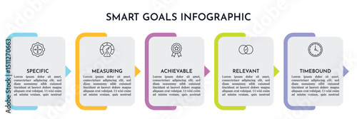 SMART Goals Diagram Infographic Template For Strategic Goal Presentation Are Specific, Measurement, Achievable, Relevant, And Time-Bound. Icons And Diagrams Chart. Personal And Business Goals Setting.