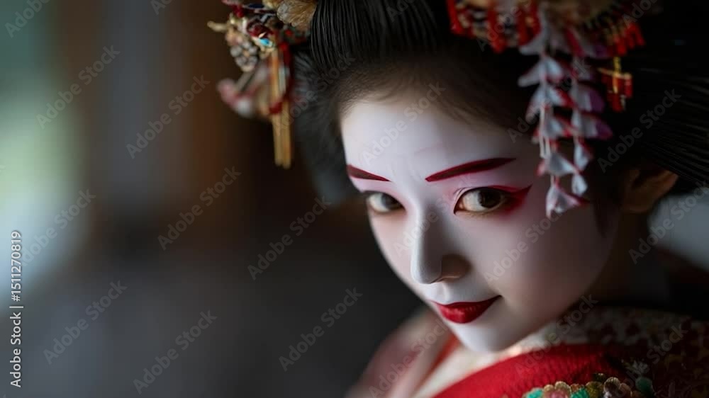 Geisha Portrait with Traditional Makeup Red Lips and Ornate Hair Accessories Geisha Portrait with Traditional Makeup Red Lips and Ornate Hair Accessories