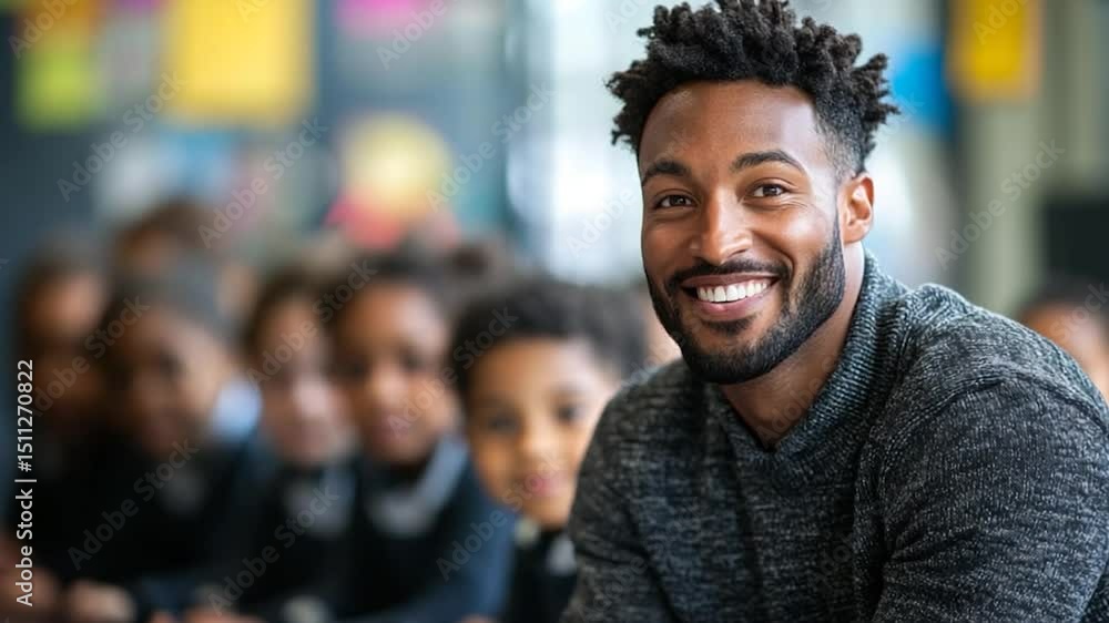 Smiling Black Teacher Portrait with Children in Blurry Background Smiling Black Teacher Portrait with Children in Blurry Background