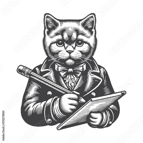 Vintage Hand-Drawn British Shorthair Holding Pencil Illustration – Artistic Cat Engraved Style Vector for T-Shirts, Posters, Stickers, and Creative Themes Apparel