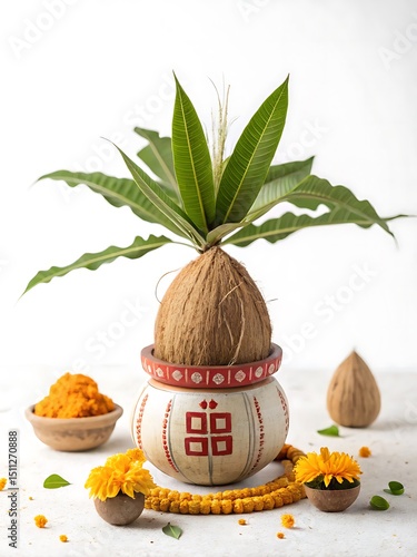 Decorated pooja kalash with sacred coconut and leaves, marigold flower garland, Indian festival worship item on white background