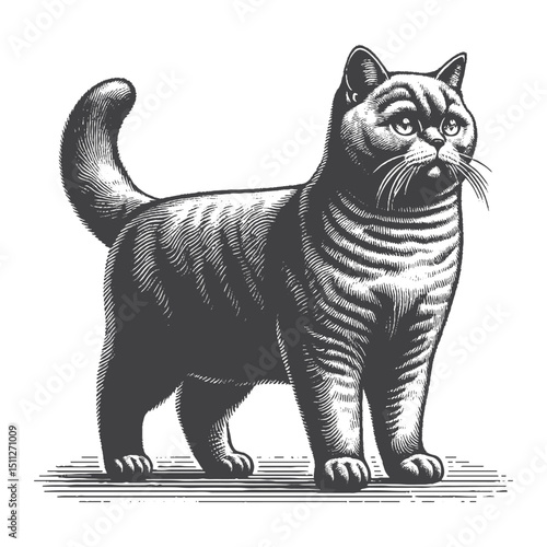 Vintage Hand-Drawn British Shorthair Standing Illustration – Proud Cat Engraved Style Vector for T-Shirts, Posters, Stickers, and Elegant Themes Apparel