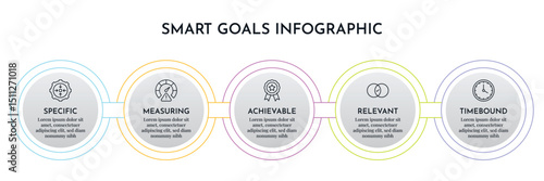 SMART Goals Diagram Infographic Template For Strategic Goal Presentation Are Specific, Measurement, Achievable, Relevant, And Time-Bound. Icons And Diagrams Chart. Personal And Business Goals Setting.