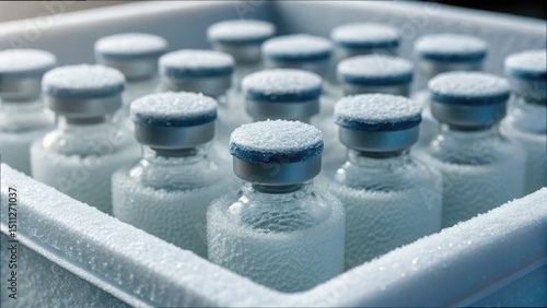 Frost-covered storage box with vials in cold chain refrigeration