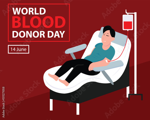 illustration vector graphic of a man is receiving a transfusion from a blood bag, perfect for international day, world blood donor day, celebrate, greeting card, etc.