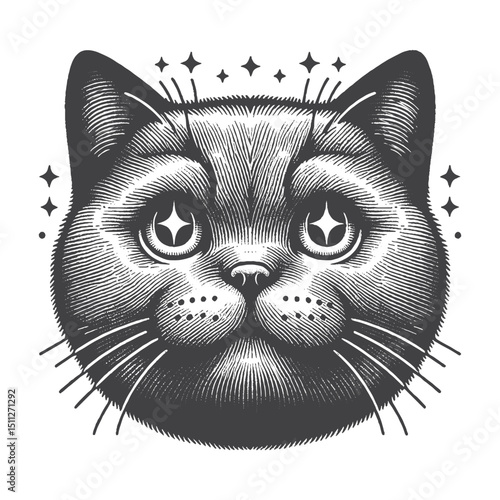 Vintage Hand-Drawn British Shorthair with Starry Eyes Illustration – Dreamy Cat Engraved Style Vector for T-Shirts, Posters, Stickers, and Fantasy Themes Apparel
