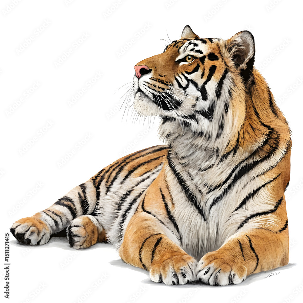 Obraz premium A full-body Bengal tiger lying down with its head raised, displaying detailed fur patterns and a relaxed expression.