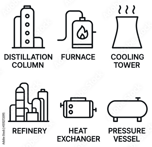Oil Refinery Icon Set – Distillation Column, Furnace, Cooling Tower, Heat Exchanger – Industrial Line Art Vector