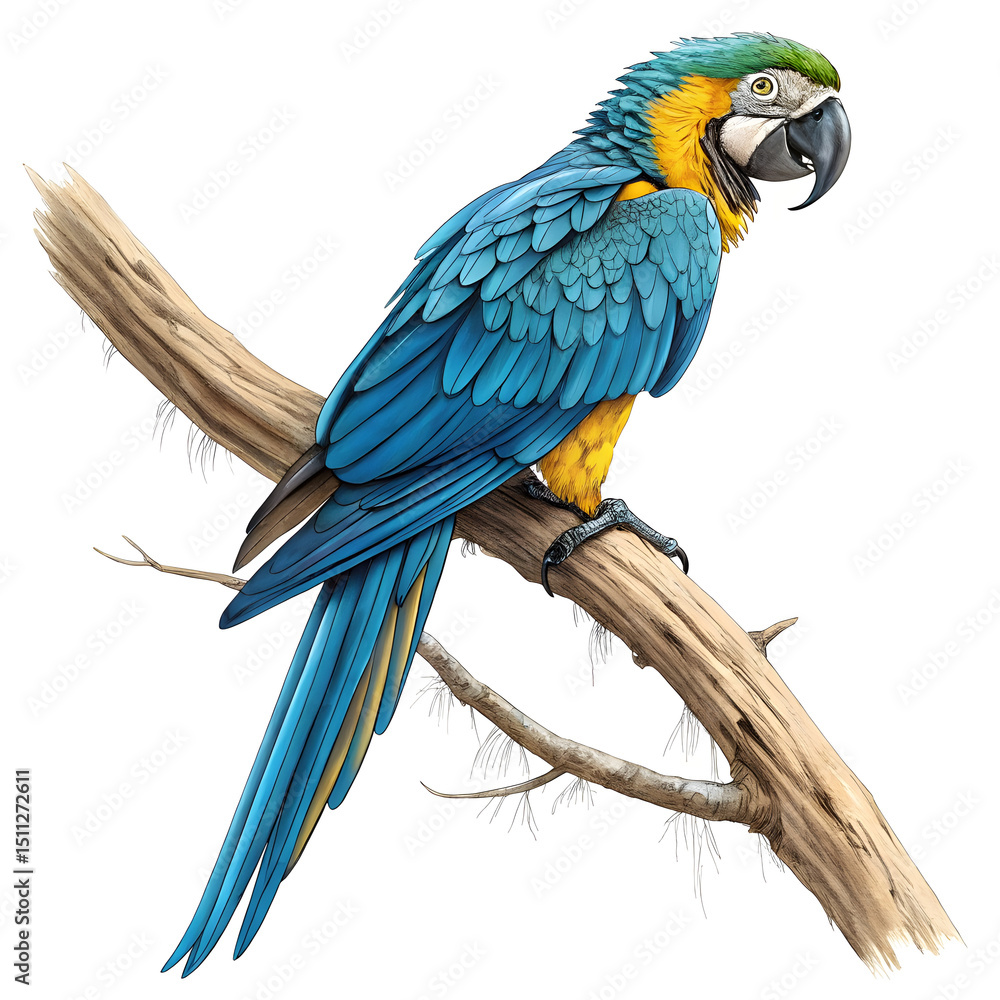 Obraz premium A full-body blue and yellow macaw perched on a branch with vibrant feathers and a lively posture.