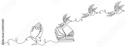 Line art of religious praying hands and flying birds. for peace and gratitude.