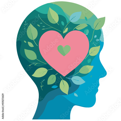 Cartoon human mind with green leaves, plants, and hearts symbolizes eco-friendly mindset, mental health, and emotional balance. Perfect for sustainability, awareness, wellness, and nature love designs