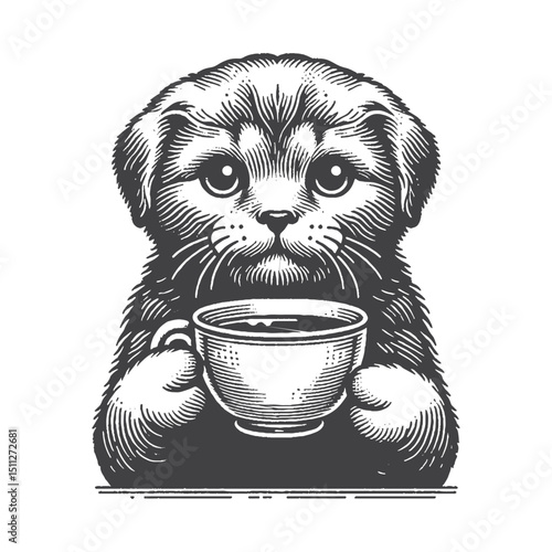 Vintage Hand-Drawn Scottish Fold Illustration – Teacup Holding Pose Engraved Style Vector for T-Shirts, Posters, Stickers, and Cozy Cat Café Themes Apparel