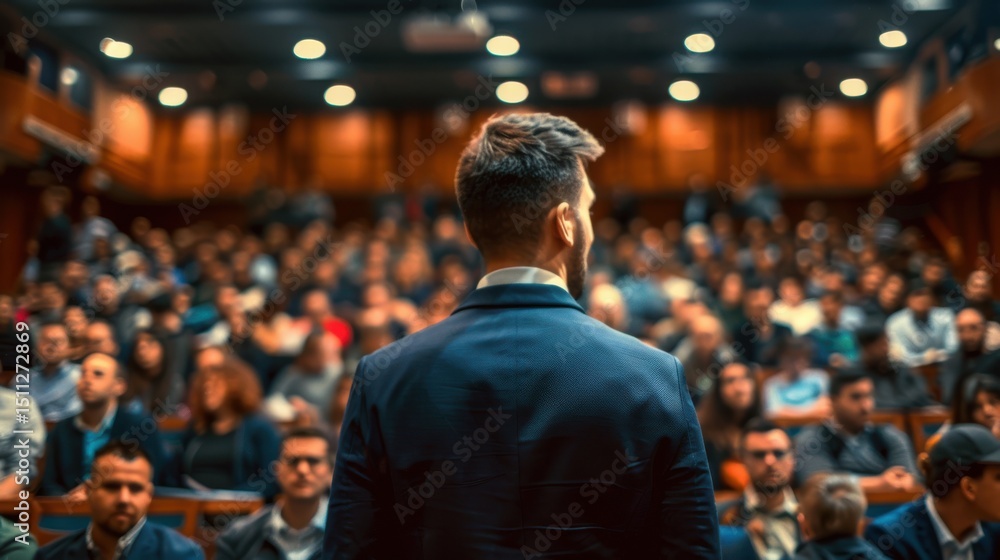 Man in suit facing a large audience in a lecture hall with wooden paneling and bright overhead lighting Man in suit facing a large audience in a lecture hall with wooden paneling and bright overhead lighting