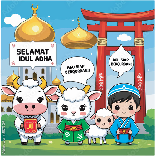 Ucapan vector Eid Al-Adha / Idul Adha bernuansa islami modern. Cocok untuk social media post, flyer, banner, dan kartu ucapan. Editable, high resolution, siap cetak & komersial use.
