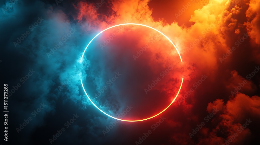 Neon circle in a dramatic cloud scene Neon circle in a dramatic cloud scene