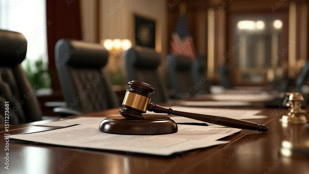 Courtroom Interior with Gavel and Documents on Table with Chairs and American Flag Background Courtroom Interior with Gavel and Documents on Table with Chairs and American Flag Background