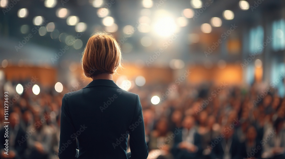 Woman in Formal Suit Giving Inspirational Speech at Conference Venue Woman in Formal Suit Giving Inspirational Speech at Conference Venue